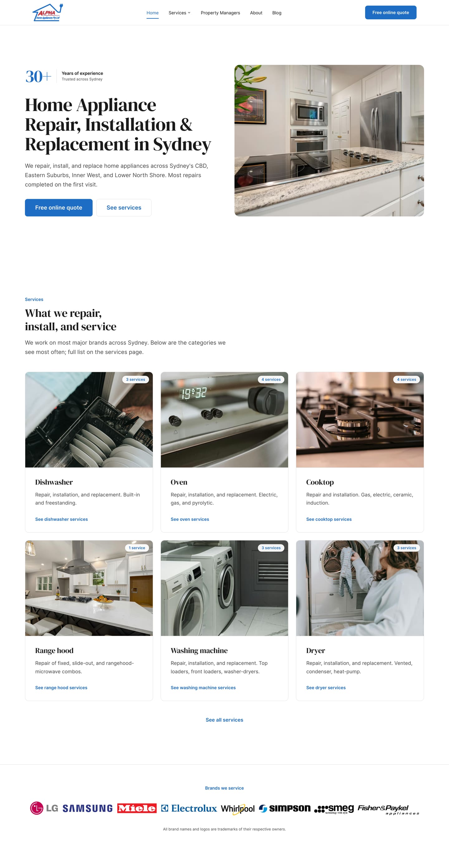 Alpha Home Appliances landing page — modern home for a Sydney appliance repair, installation and replacement business.