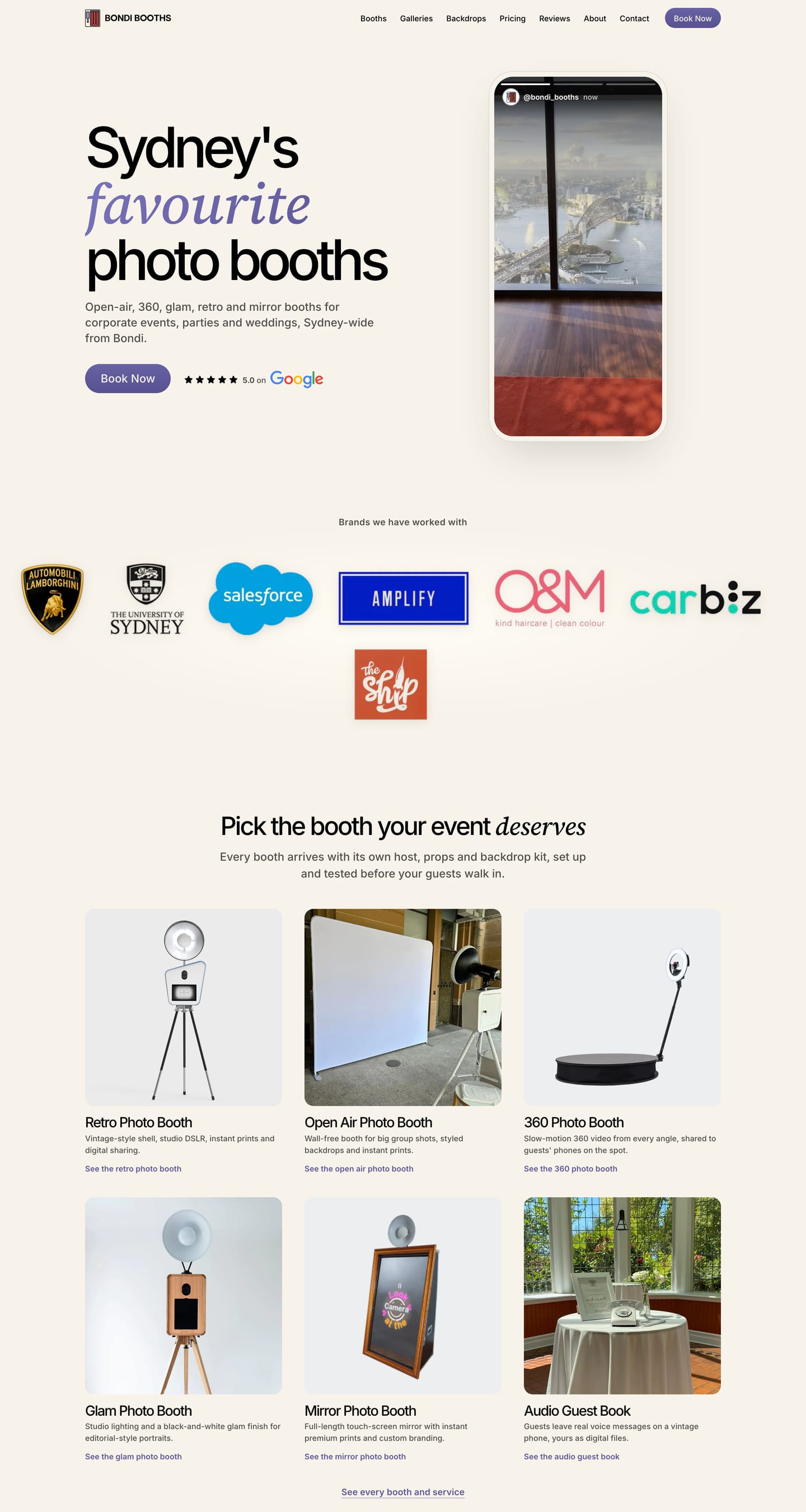 Bondi Booths landing page with the headline “Sydney’s favourite photo booths” and an online booking call to action.