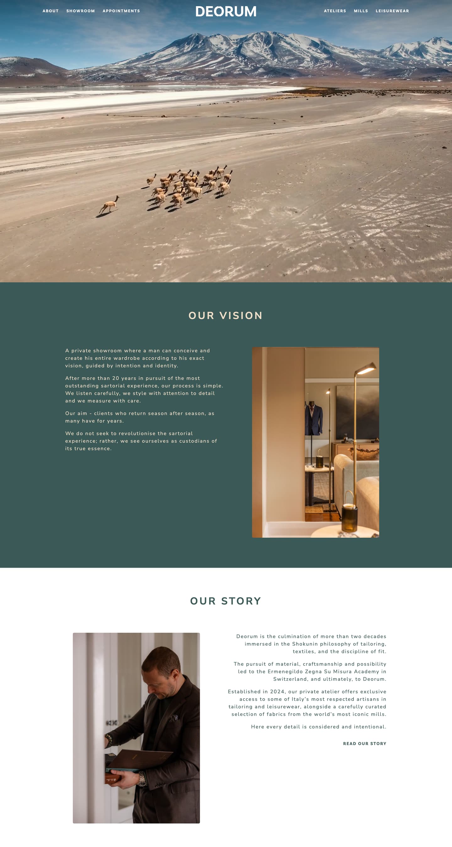 Deorum landing page with the DEORUM wordmark set over a wide landscape image.